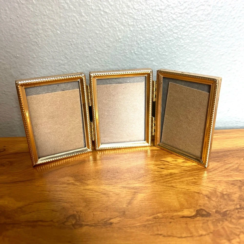 Vintage Hinged Photo Frame Tri Fold Mini Gold Tone Embossed Metal 3 Triple 3